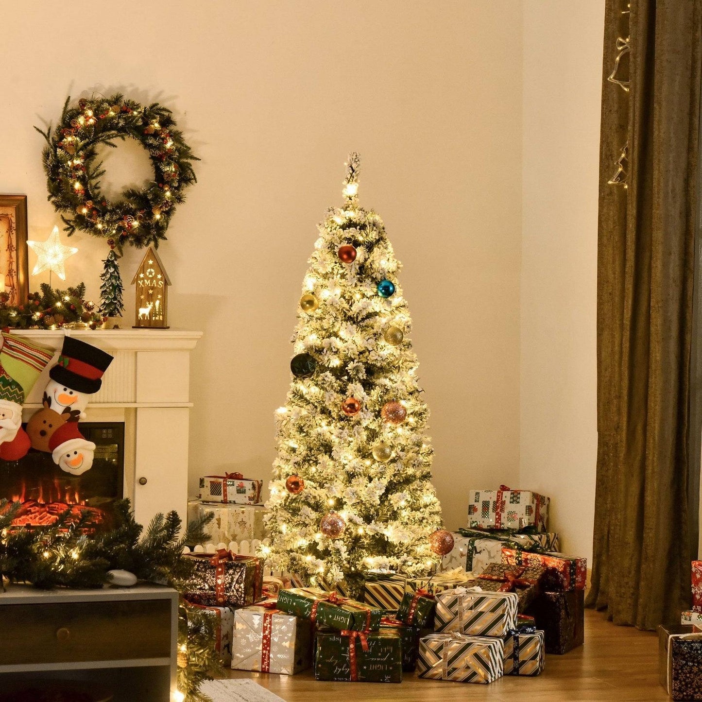 5FT Prelit Artificial Snow Flocked Christmas Tree with Warm White LED Light