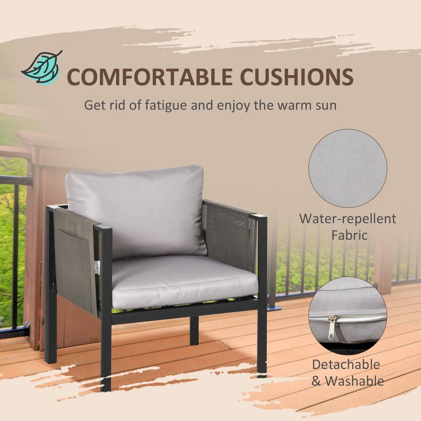4-Piece Metal Garden Furniture Set with Tempered Glass Coffee Table