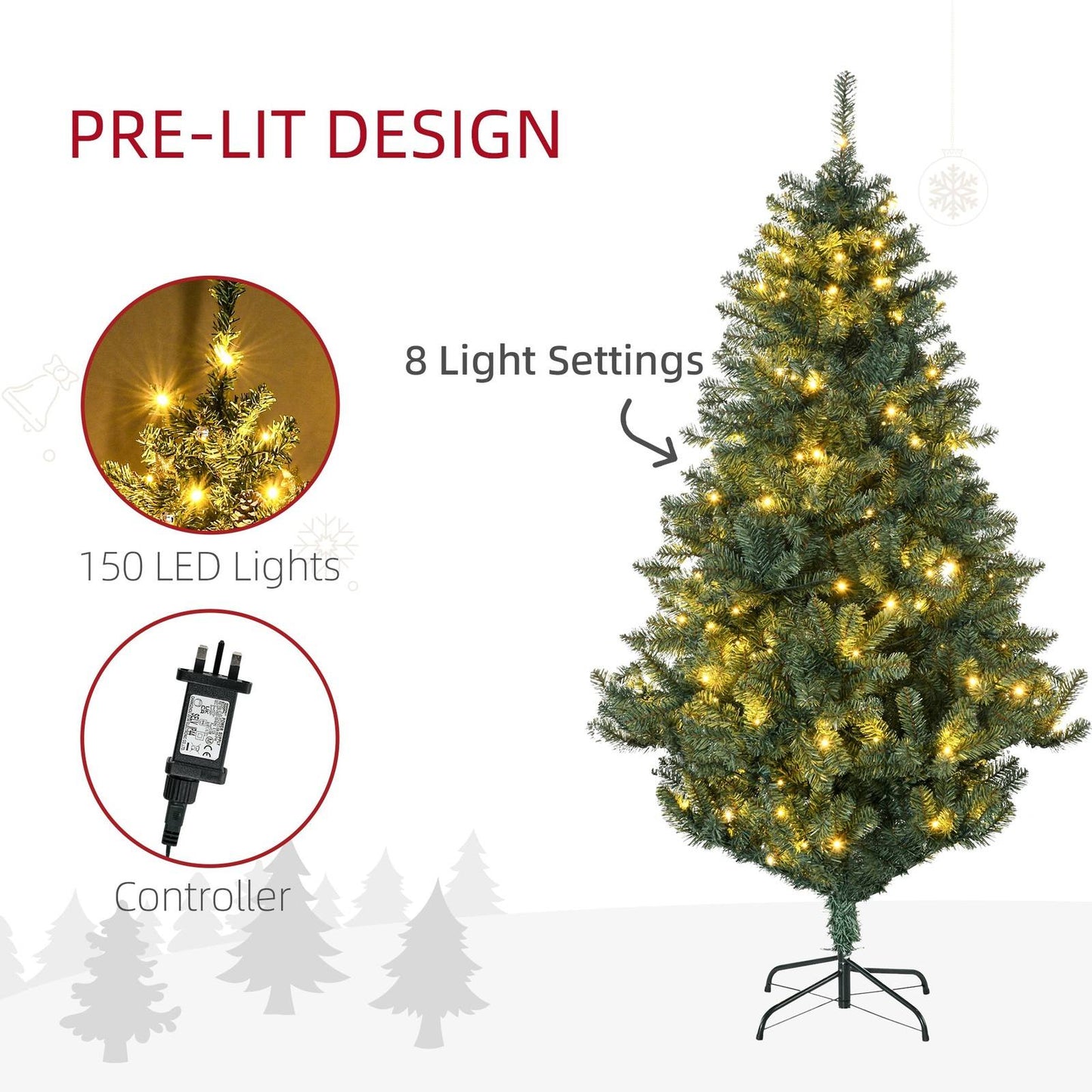 6ft Decorated Christmas Tree Artificial - with LED Lights Warm White 650 Tips