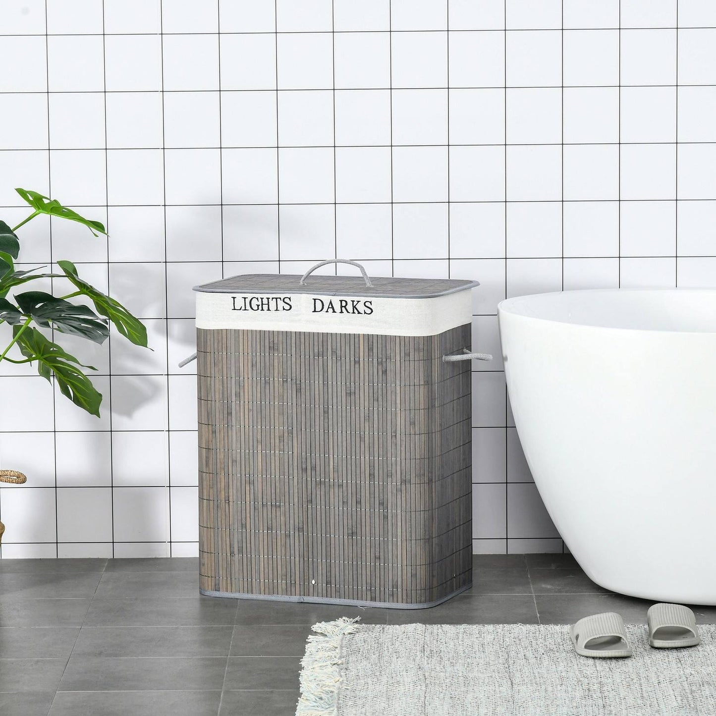 100L Two-Compartment Wooden Laundry Basket With Flip Lid And Handles ? Grey