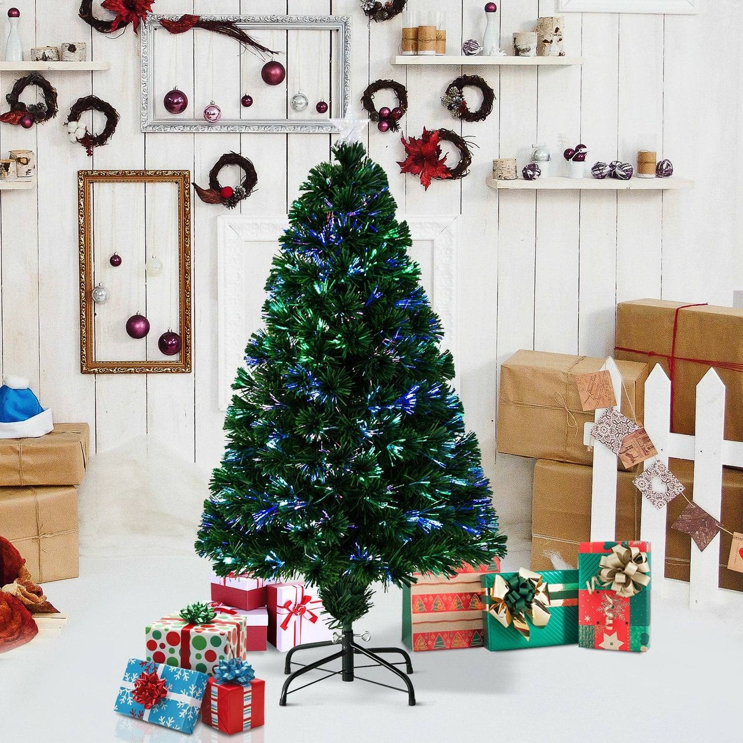 4FT Pre-Lit Fibre Optic Artificial Christmas Tree Holiday Xmas Décor with Tree Topper Multi-Colour