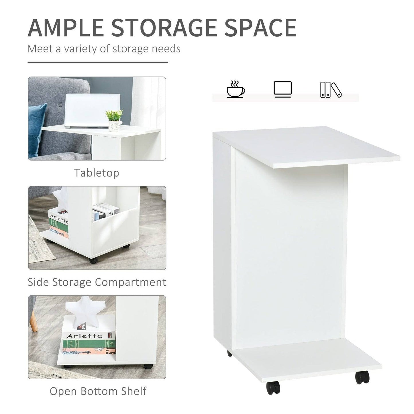 Mobile Sofa Side Table C-Shape End Table with Storage and Casters for Laptop Coffee Snack