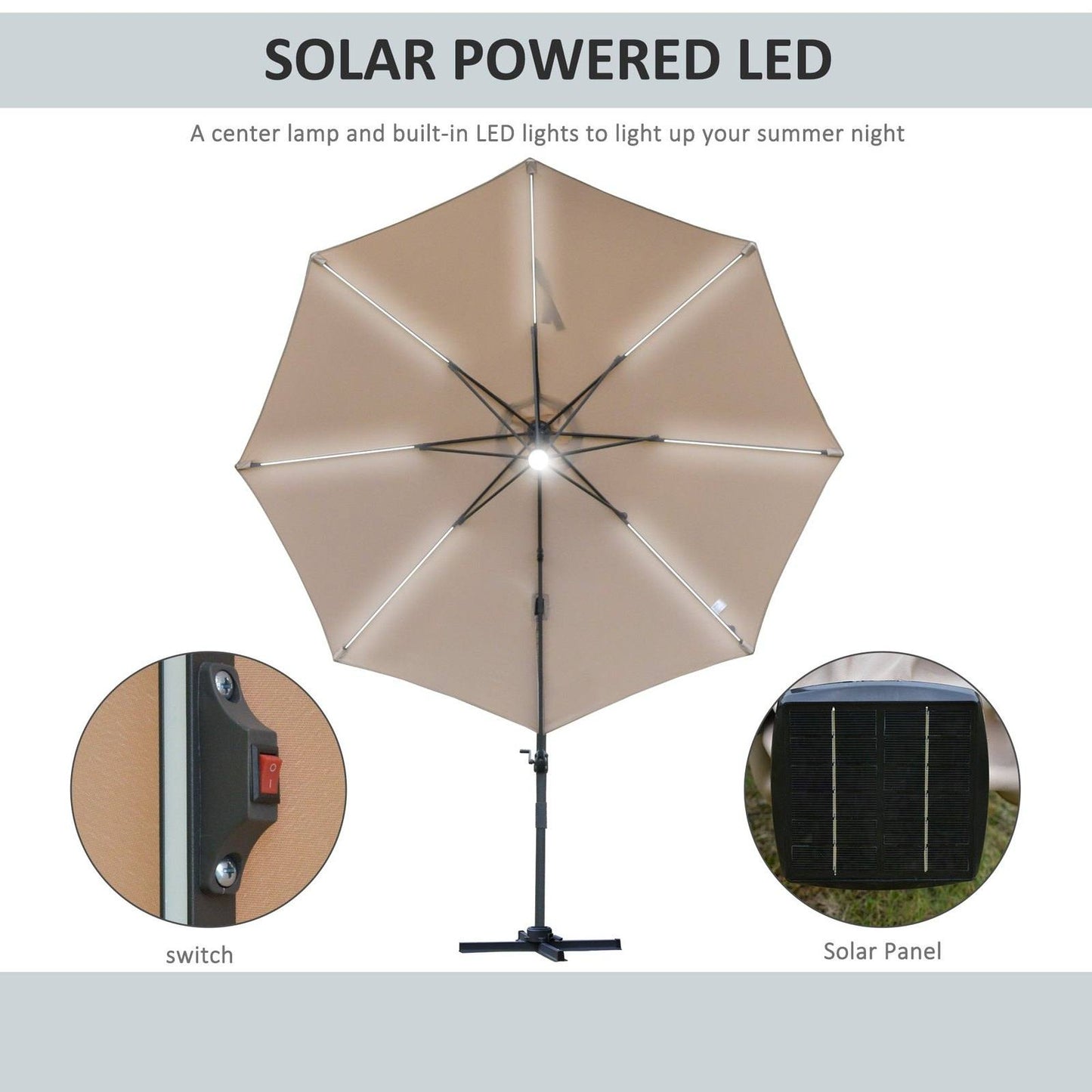 3M LED Cantilever Parasol Outdoor Sun Umbrella w/ Base Solar Lights Brown