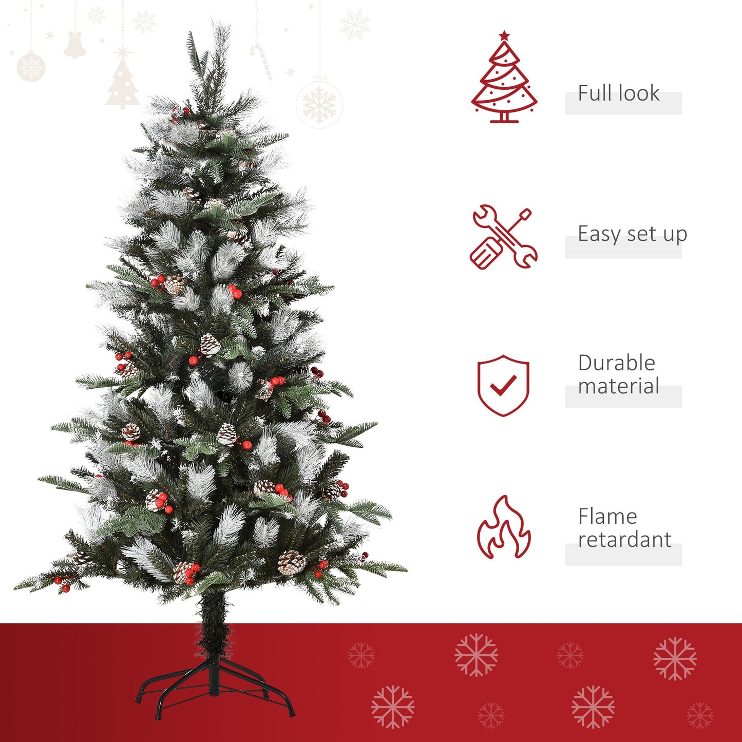 5FT Artificial Snow Dipped Christmas Tree Xmas Pencil Tree with Foldable Feet Red Berries White Pinecones