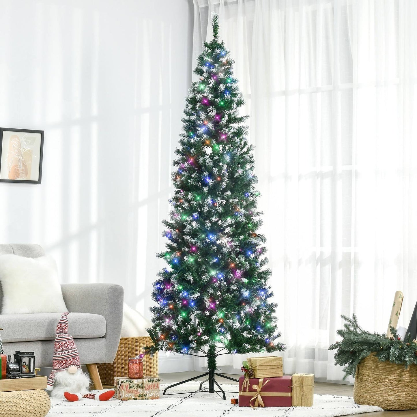 7FT Tall Prelit Pencil Slim Artificial Christmas Tree with Realistic Branches