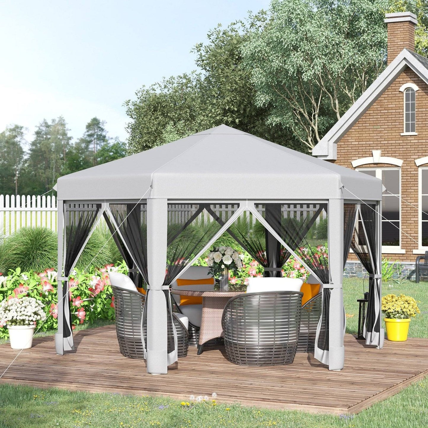 3.2m Pop Up Gazebo Hexagonal Canopy Tent Outdoor Sun Protection with Mesh Sidewalls