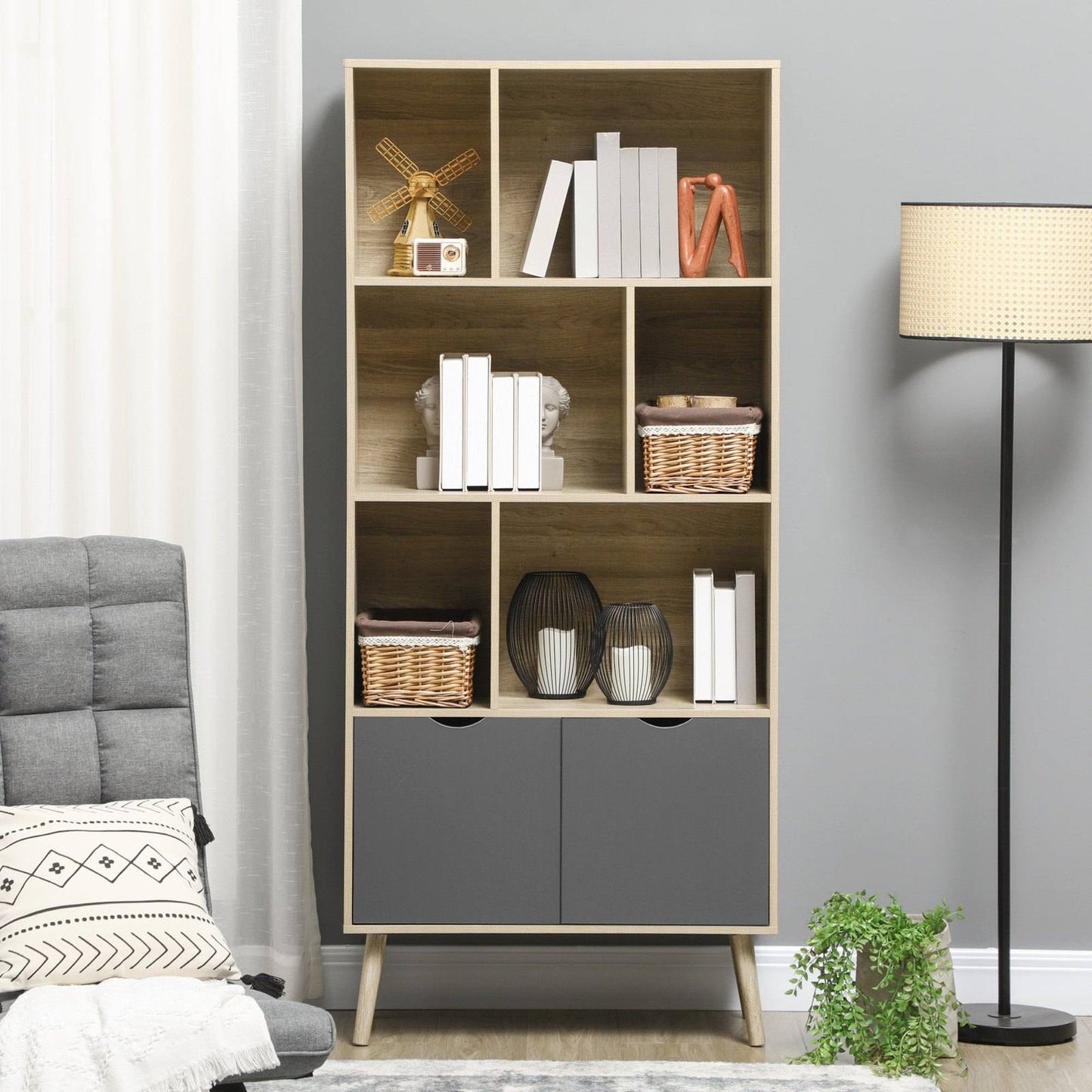 Modern Bookcase with Bottom Cabinet and 6 Open Shelves