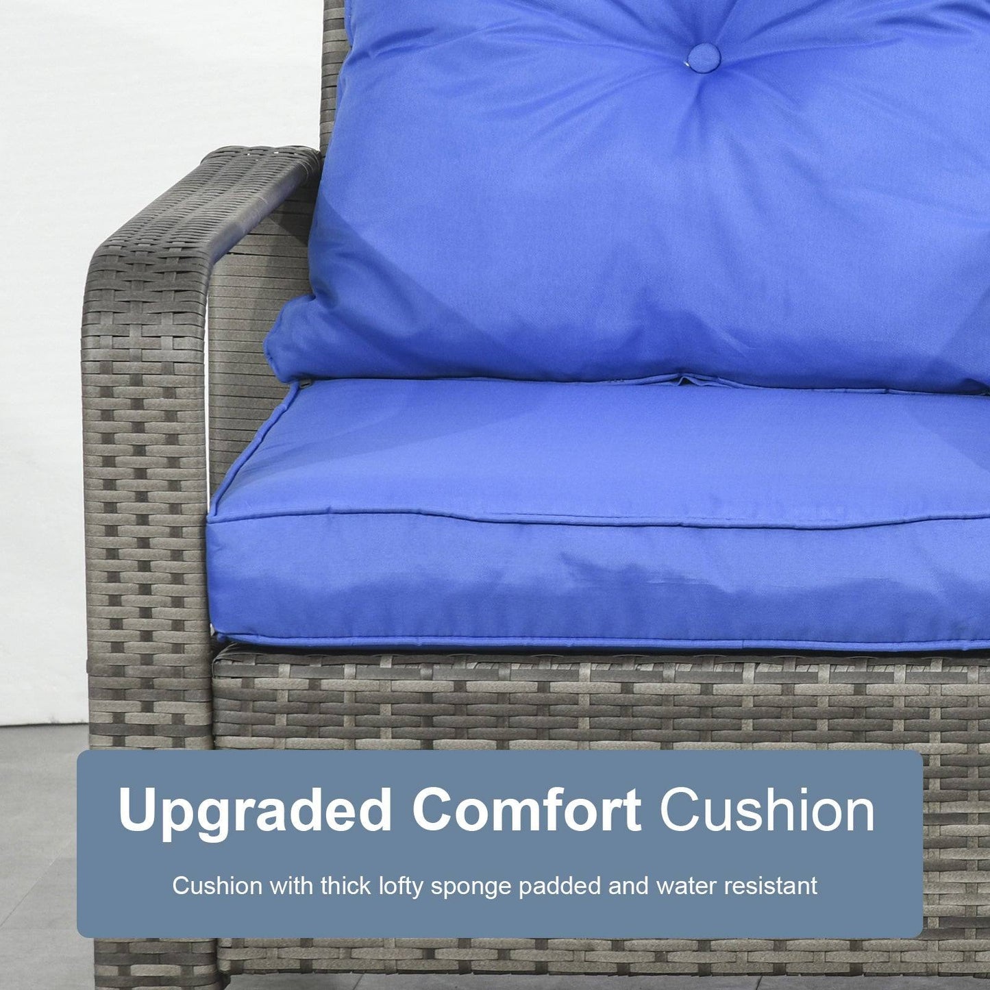 3-Piece PE Rattan Wicker Garden Furniture Patio Bistro Set Weave Conservatory Sofa Storage Table and Chairs Set Blue Cushion Grey Wicker