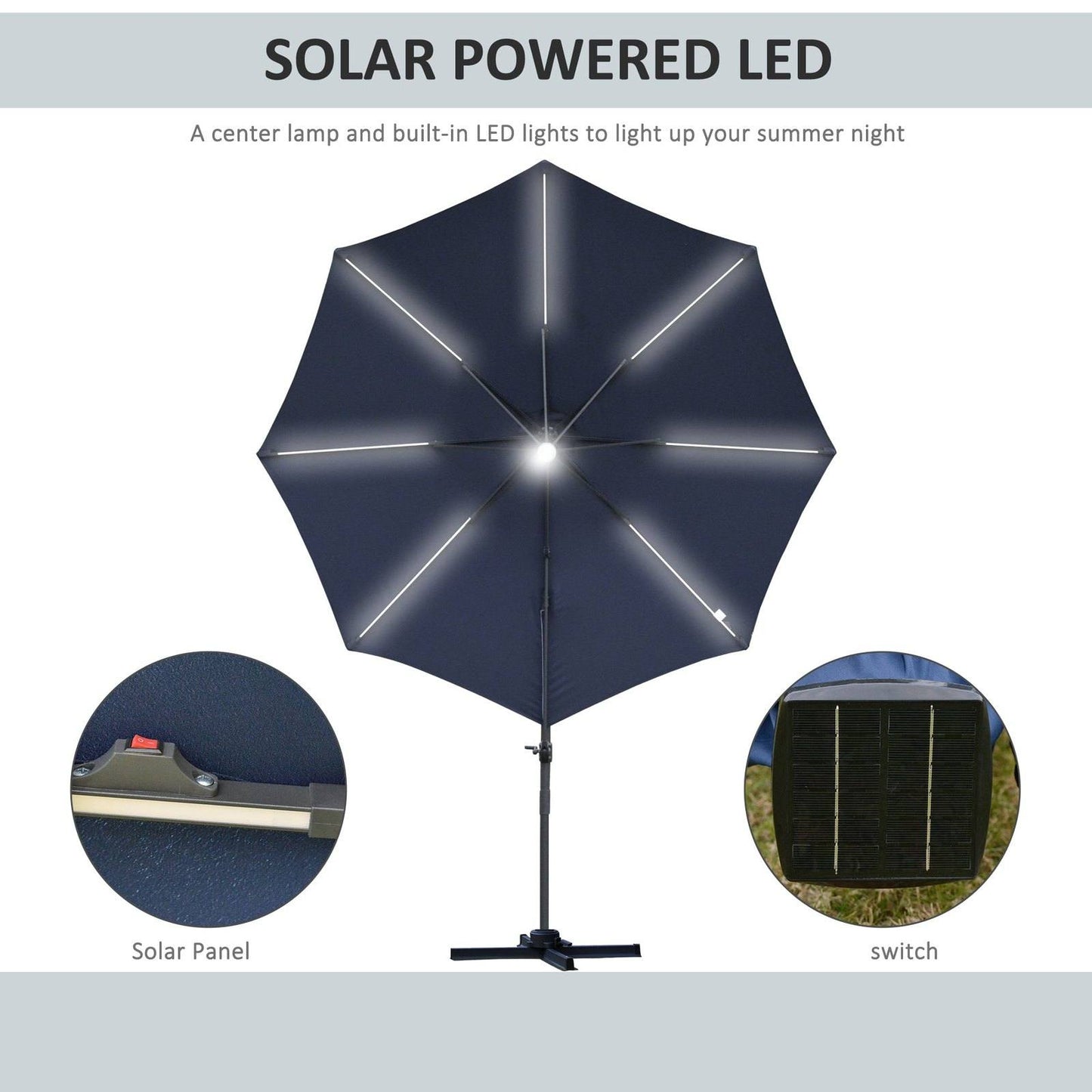 3M LED Cantilever Parasol Outdoor Sun Umbrella w/ Base Solar Lights Blue