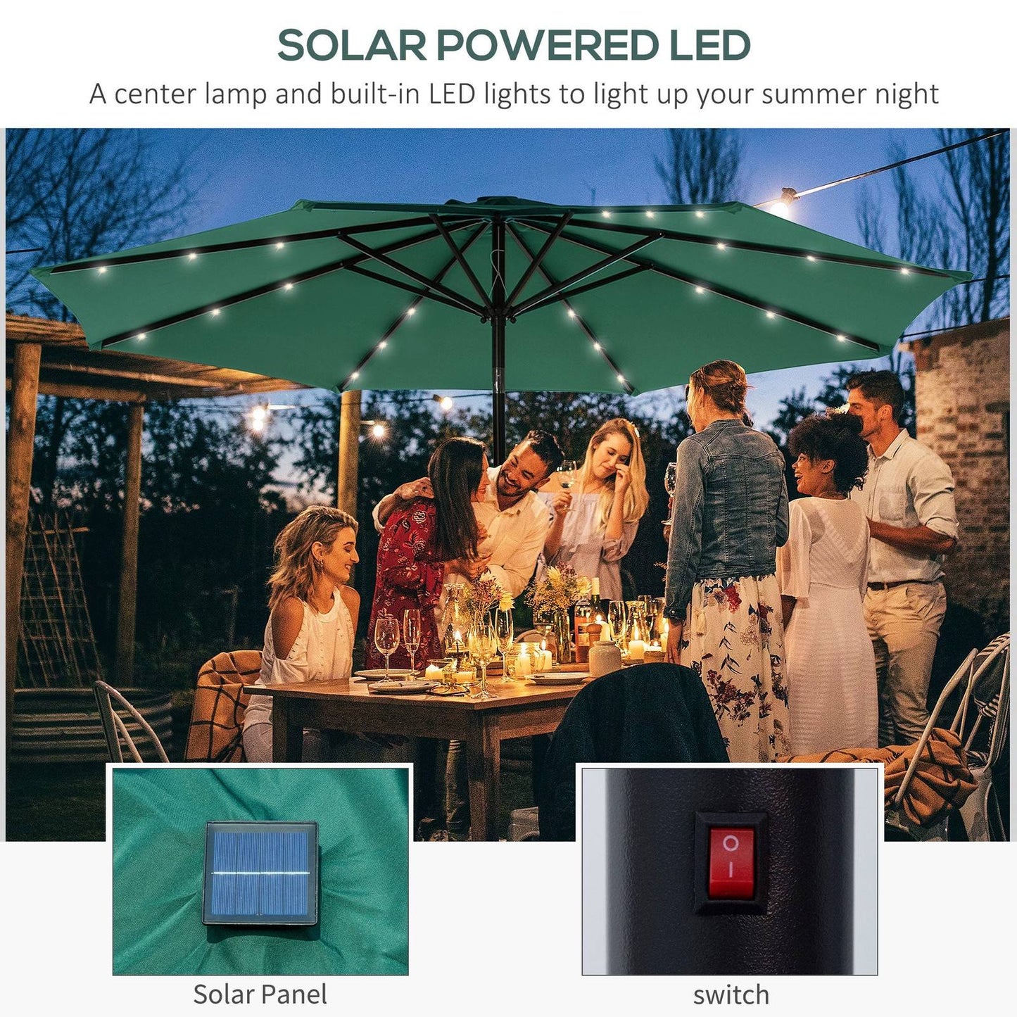 2.7m Patio LED Umbrella with Push Button Tilt/Crank 8 Rib Sun Shade Parasol