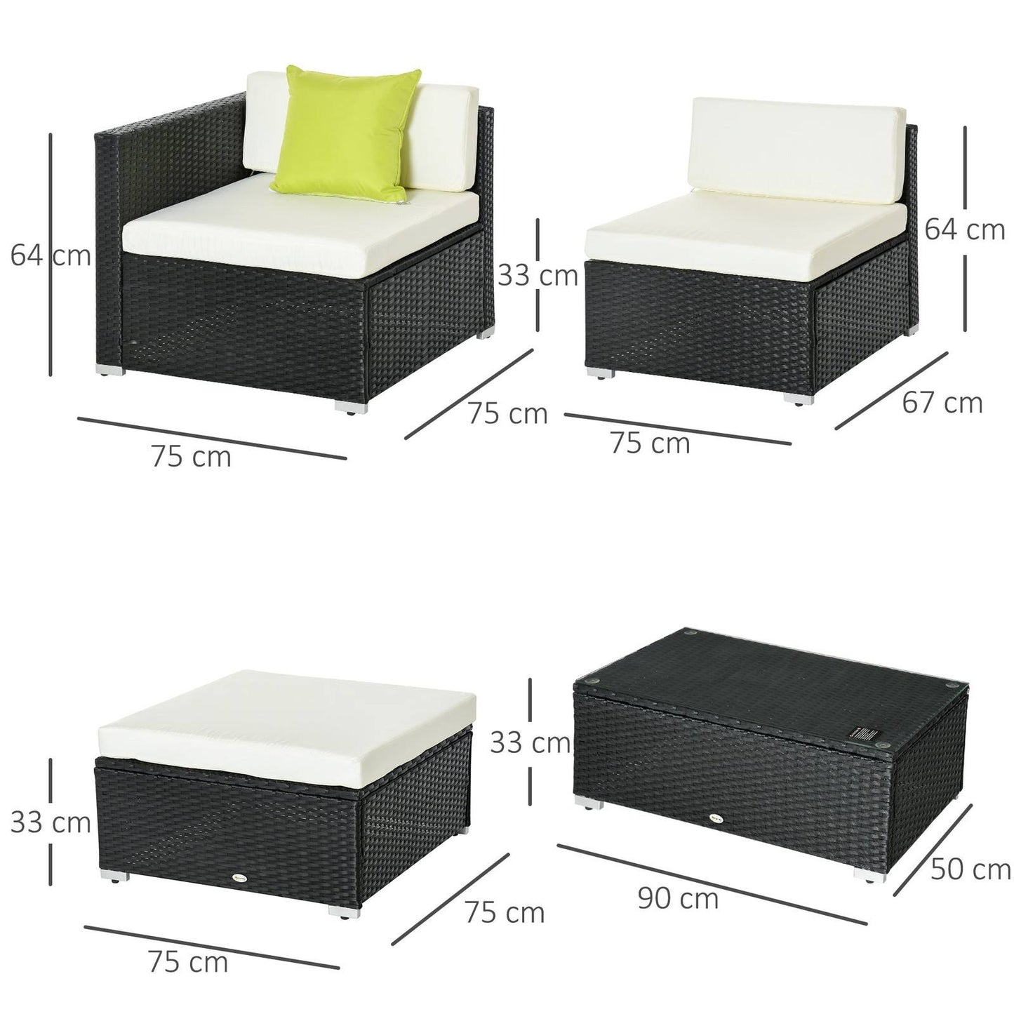 Outsunny 4-Seater Rattan Sofa Set  Garden Outdoor Sectional Sofa Coffee Table Metal Frame With cushion Pillows-Black