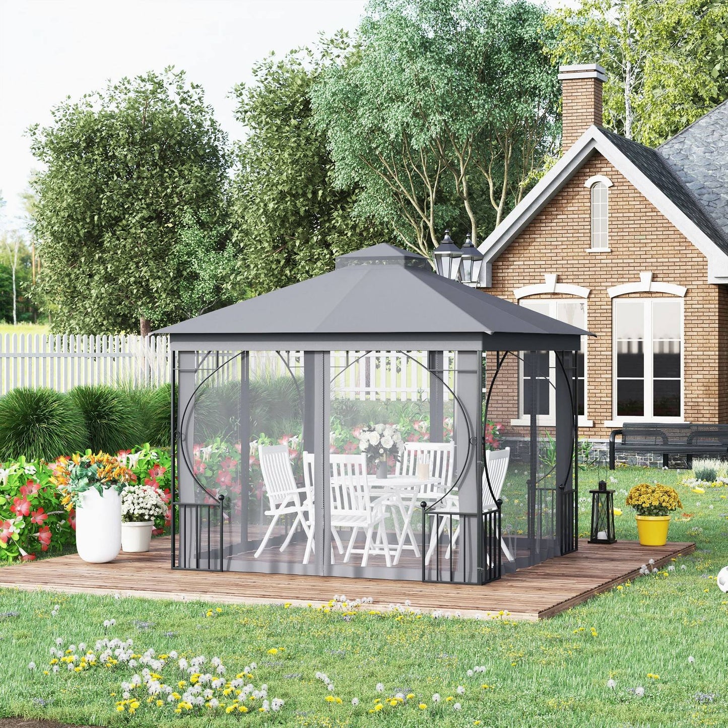 3 x 3M Garden Gazebo Patio Party Tent Shelter Outdoor Canopy Double Tier Sun Shade Metal Frame Netting Light Grey