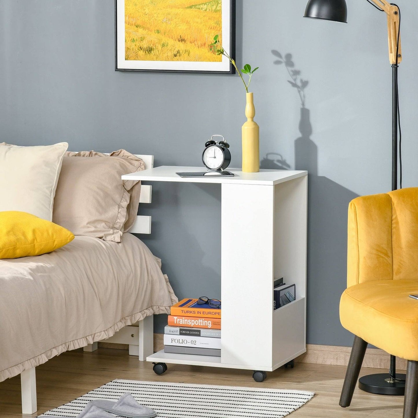 Mobile Sofa Side Table C-Shape End Table with Storage and Casters for Laptop Coffee Snack