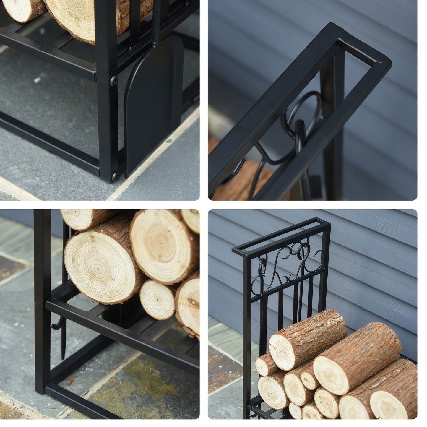 Steel Slatted Log Rack w/ Tools Black
