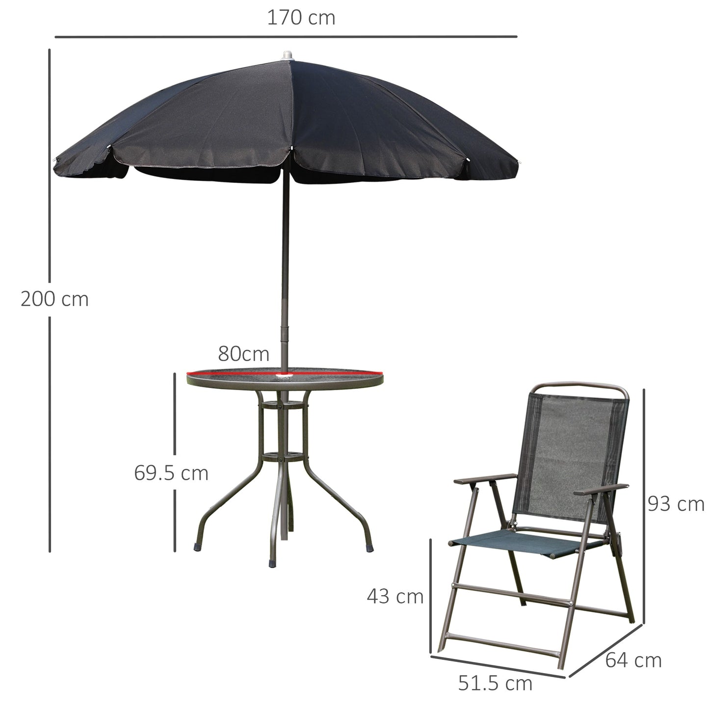 6-Piece Garden Patio Furniture Set Bistro Set Texteline Folding Chairs +Table +Parasol Black
