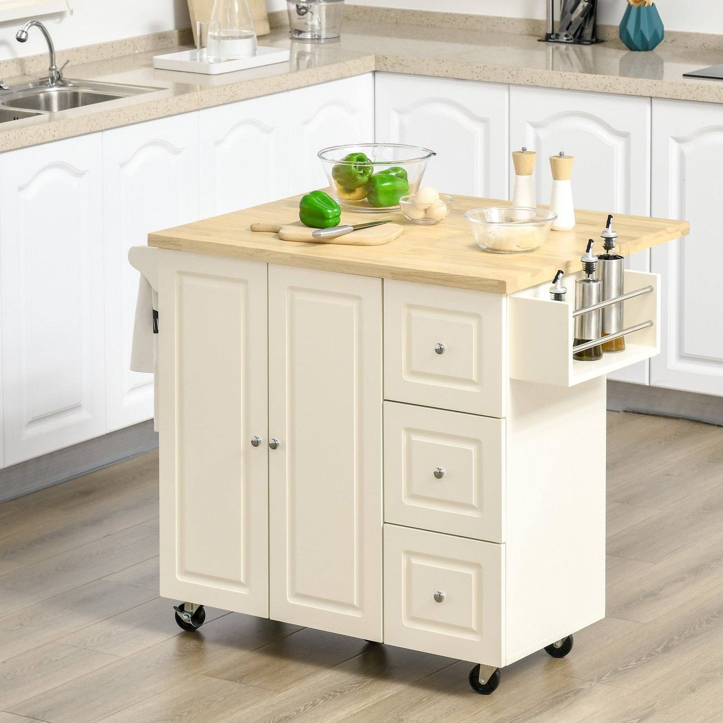 Drop-Leaf Kitchen Island on Wheels Utility Storage Cart with Drawers & Cabinet for Kitchen