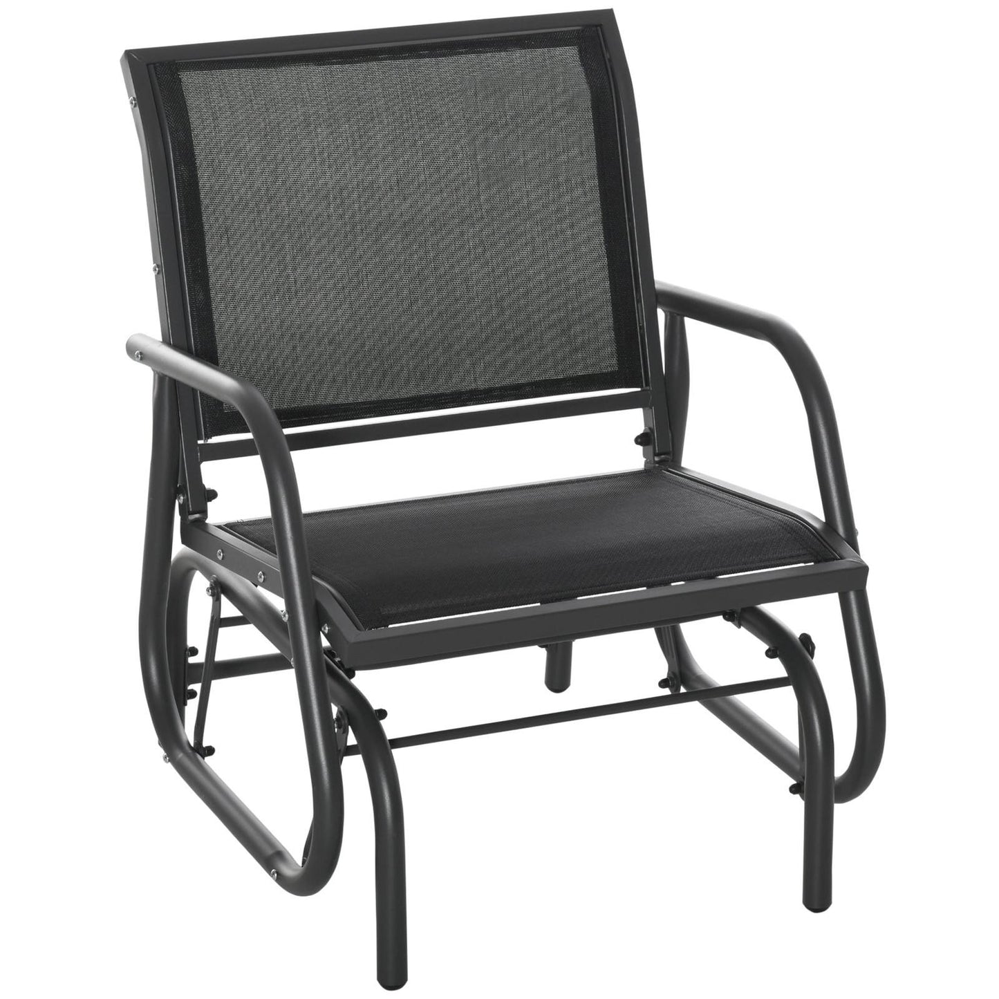Outdoor Gliding Swing Chair Garden Seat w/ Mesh Seat Curved Back Steel Frame Armrests Comfortable Lounge Furniture Dark Grey Black