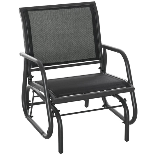 Outdoor Gliding Swing Chair Garden Seat w/ Mesh Seat Curved Back Steel Frame Armrests Comfortable Lounge Furniture Dark Grey Black