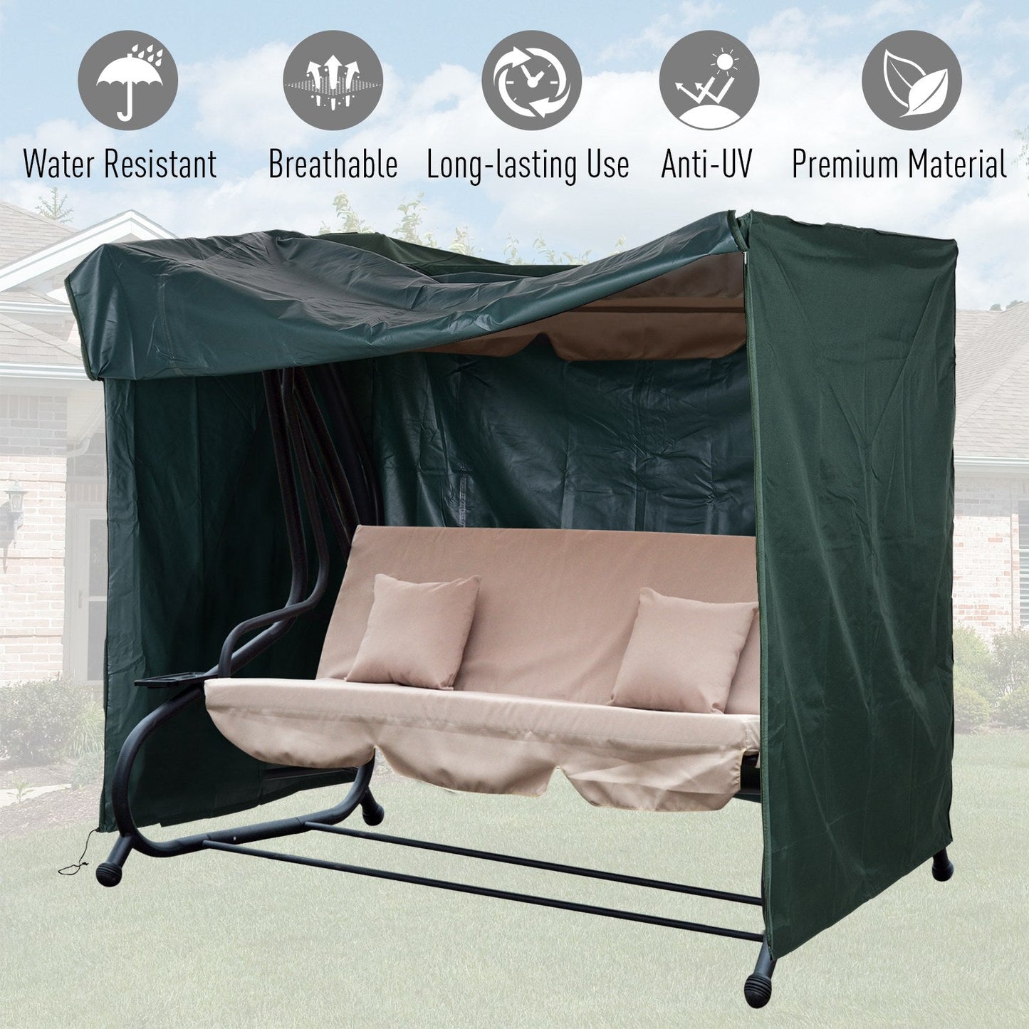 600D Oxford Patio Swing Chair Cover Outdoor Garden Furniture Rain Protection Protector Waterproof Anti-UV Green 205L x 124W x 164H cm