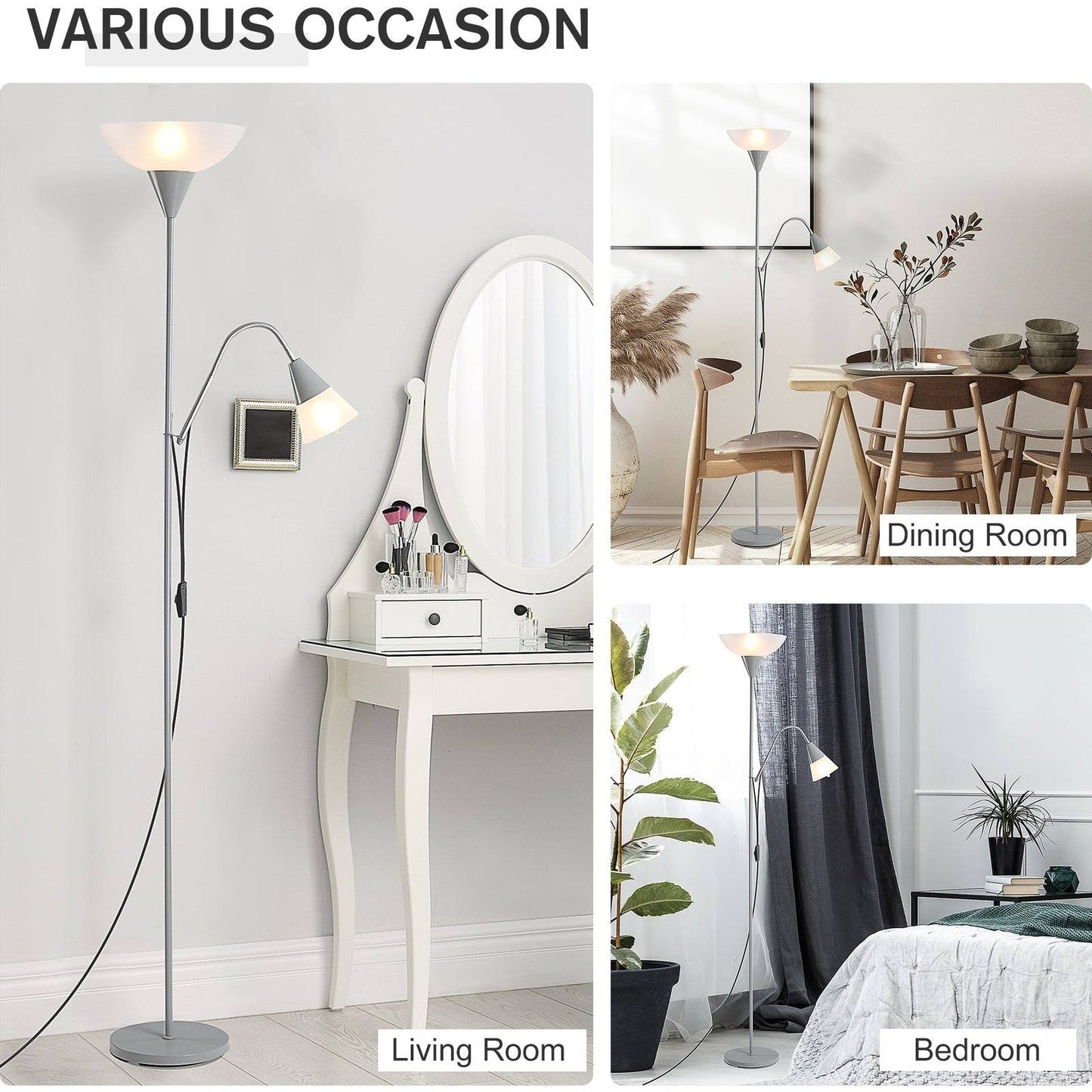 Modern Floor Reading Lamp 2 Adjustable Heads Light Steel Base Living Room Bedroom Office