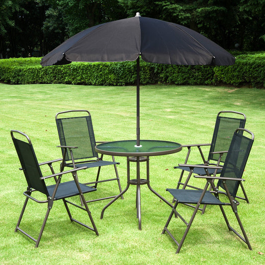 6-Piece Garden Patio Furniture Set Bistro Set Texteline Folding Chairs +Table +Parasol Black