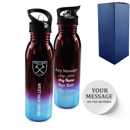 Official Printed West Ham Metallic Water Bottle, Personalise Any Message, Gift Boxed