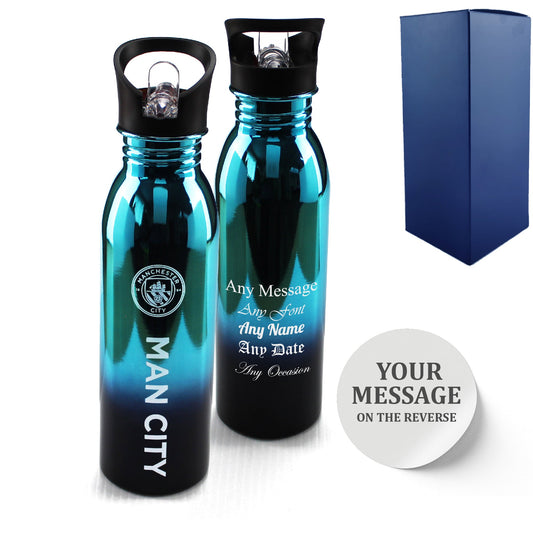 Official Printed Manchester City Metallic Water Bottle, Personalise Any Message, Gift Boxed