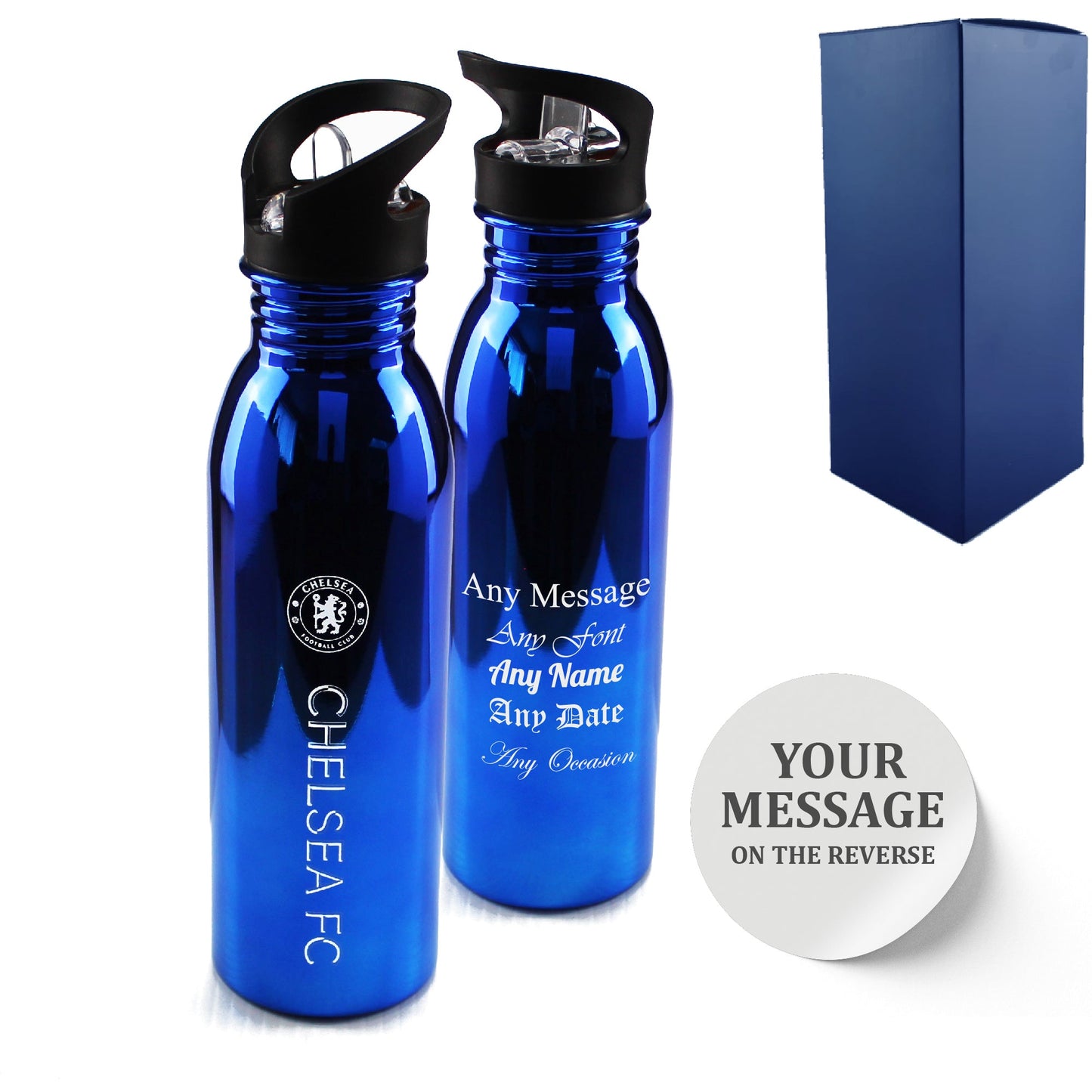 Official Printed Chelsea Metallic Water Bottle, Personalise Any Message, Gift Boxed
