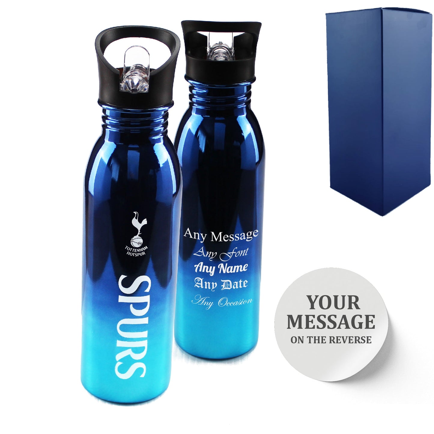 Official Printed Tottenham Metallic Water Bottle, Personalise Any Message, Gift Boxed