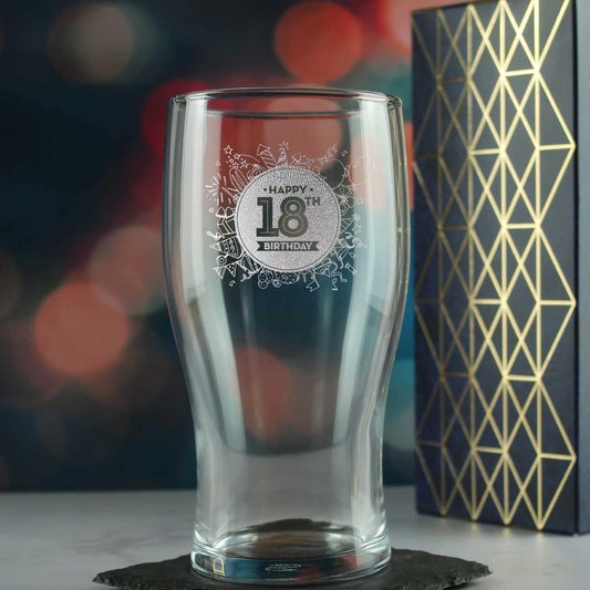 Happy 18th Birthday Round - Engraved Novelty Tulip Pint Glass