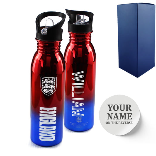 Official Printed England Metallic Water Bottle, Personalise Any Name, Gift Boxed