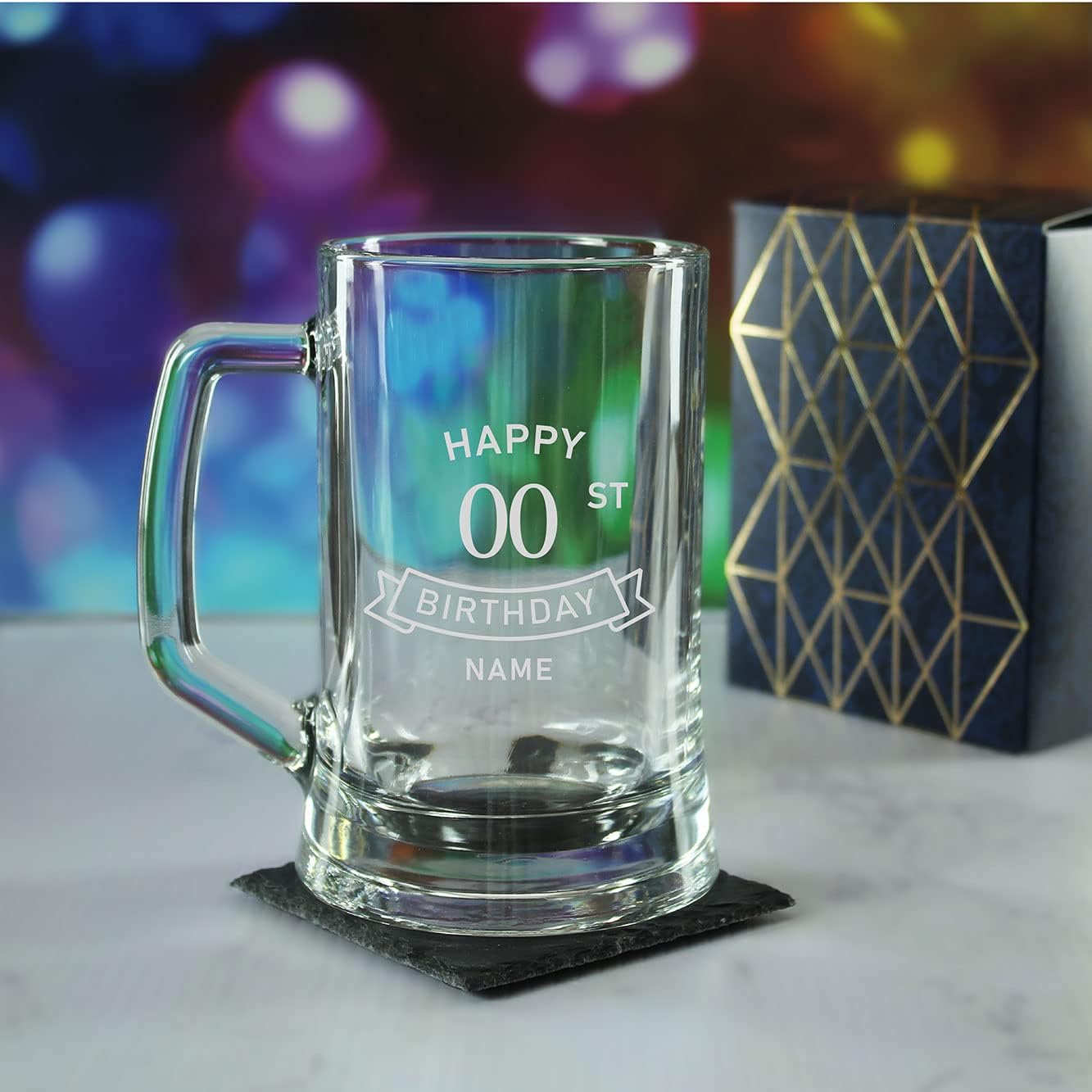 Engraved  Tankard Beer Mug Stein Happy 20,30,40,50... Birthday Banner Design Gift Boxed