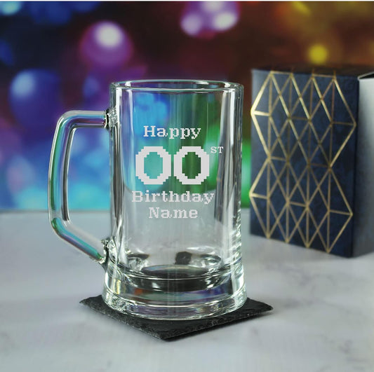 Engraved  Tankard Beer Mug Stein Happy 20,30,40,50... Birthday Pixelated Design Gift Boxed
