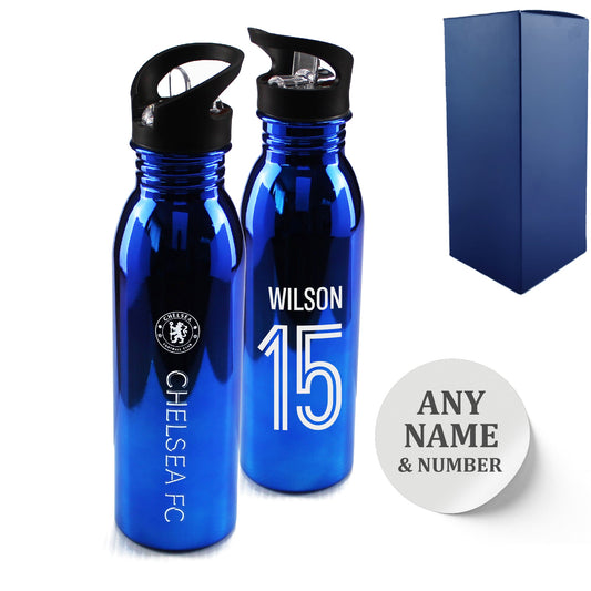 Official Printed Chelsea Metallic Water Bottle, Personalise Name and Number, Gift Boxed