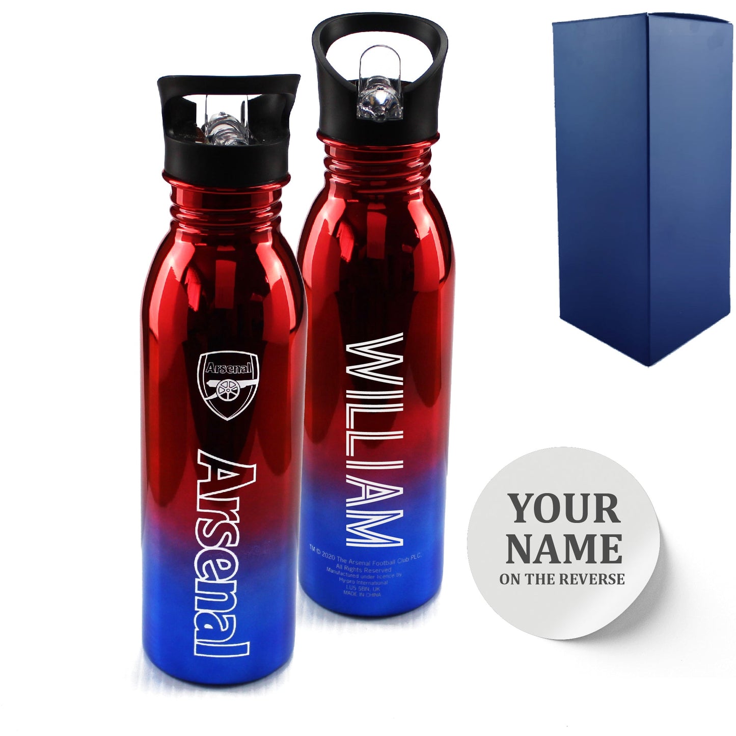 Official Printed Arsenal Metallic Water Bottle, Personalise Any Name, Gift Boxed