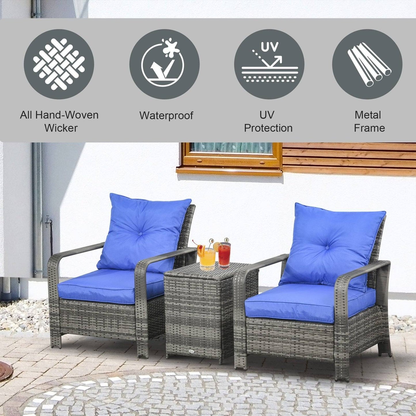 3-Piece PE Rattan Wicker Garden Furniture Patio Bistro Set Weave Conservatory Sofa Storage Table and Chairs Set Blue Cushion Grey Wicker