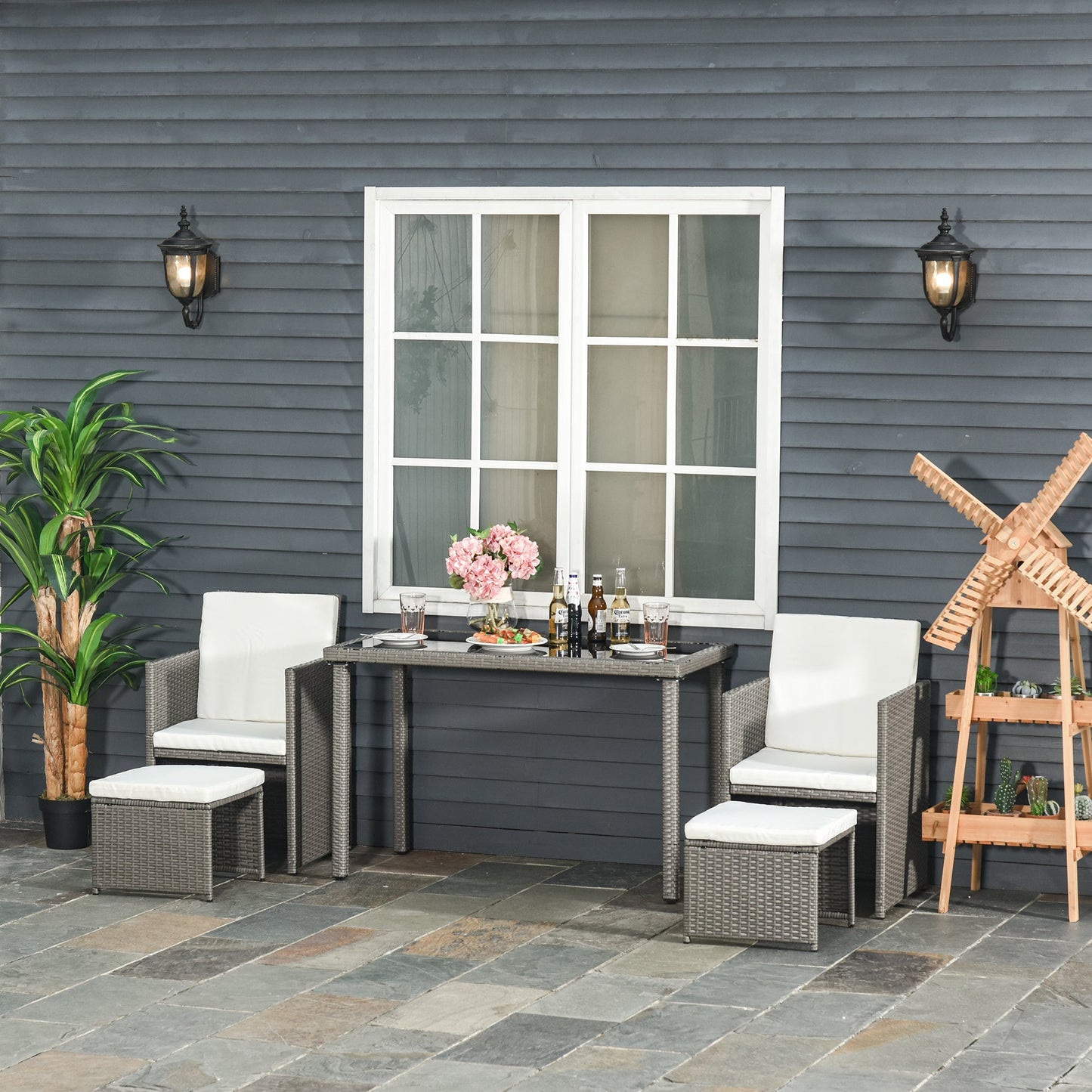 5-Pieces PE Rattan Dining Sets with Cushion