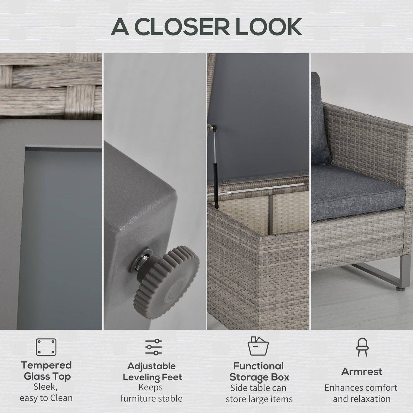 4-Piece PE Rattan Wicker Sofa Set Outdoor Conservatory Furniture Lawn Patio Coffee Table w/ Side Storage Box & Cushion