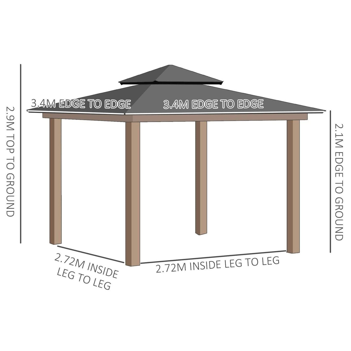 3.5 x 3.5m Outdoor Hardtop Gazebo Canopy with Two-tier Metal Roof and Solid Wood Frame Outdoor Patio Shelter for Patio
