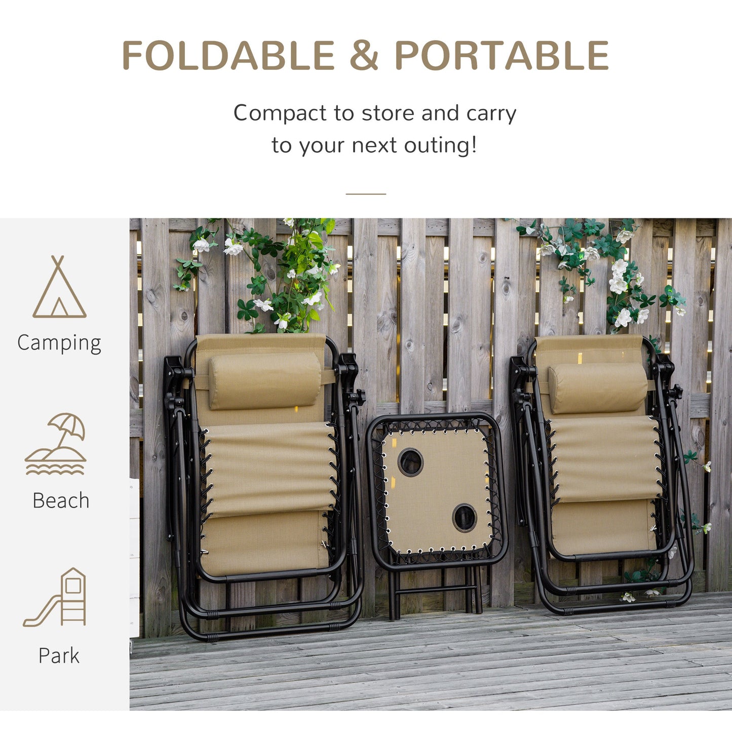 3-Piece Folding Zero Gravity Chairs Sun Lounger Table Set w/ Cup Holders Reclining Garden Yard Pool