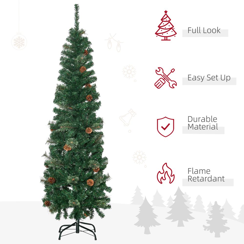 5.5FT Artificial Slim Christmas Tree Holiday Home Decor with Pine Cones Homcom