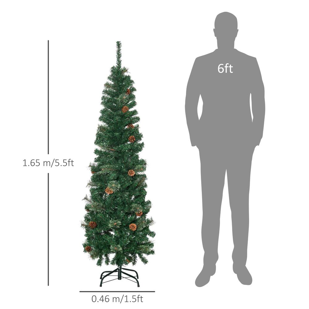 5.5FT Artificial Slim Christmas Tree Holiday Home Decor with Pine Cones Homcom