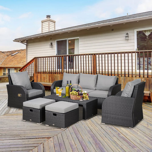 7-Seater Outdoor Garden Rattan Furniture Set w/ Recliners Grey