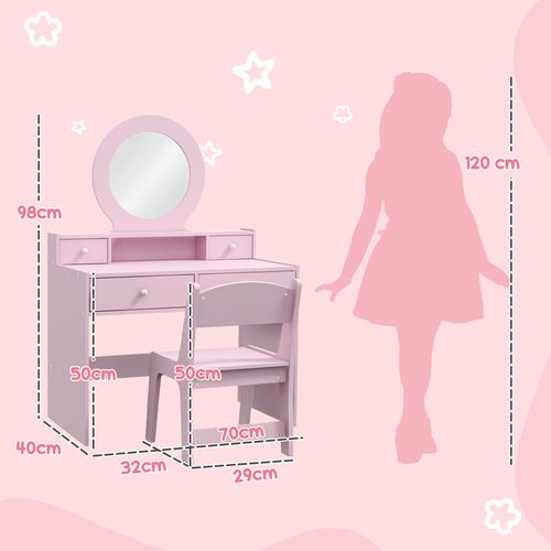 AIYAPLAY Kids Dressing Table Set w/ Stool, Mirror, Drawers - Pink