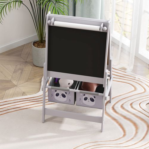 AIYAPLAY Kids Easel with Paper Roll, Blackboard, Whiteboard, Storage, Grey