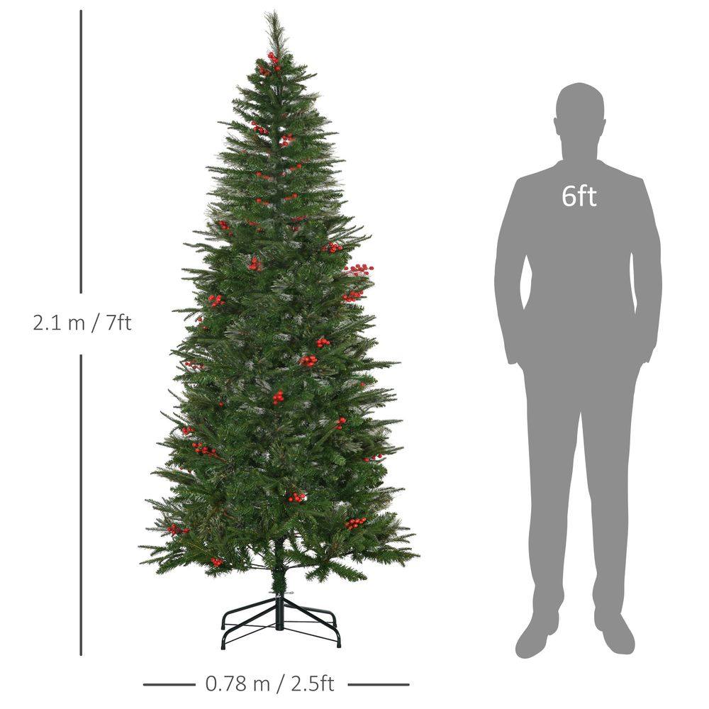 7ft Artificial Christmas Tree Holiday with Pencil Shape, Berries Homcom