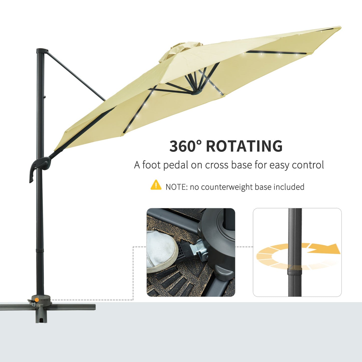 3M LED Cantilever Parasol Garden Sun Umbrella w/ Base and Solar Lights Beige