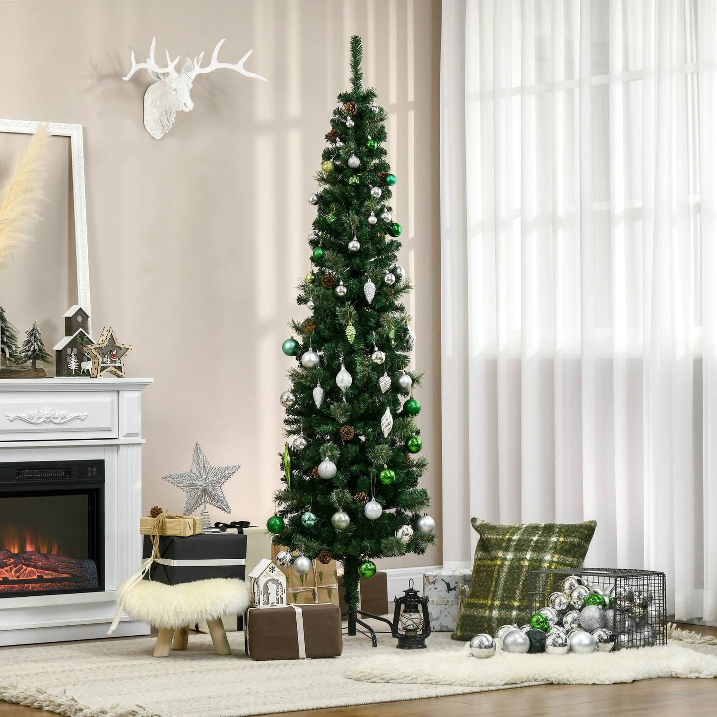 6.5FT Tall Pencil Slim Artificial Christmas Tree with Realistic Branches