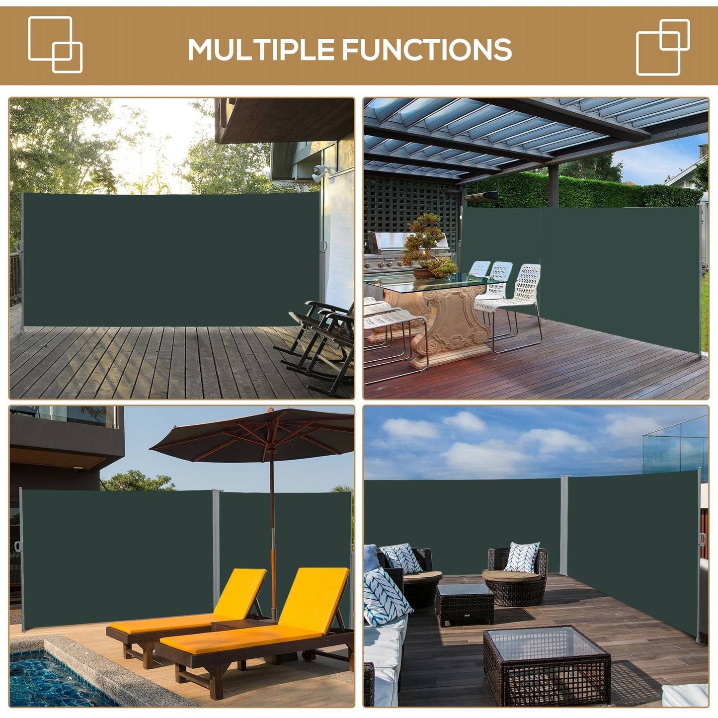 3x2m Retractable Sun Side Awning Screen Fence Patio Garden Wall Balcony Screening Panel Outdoor Blind Privacy Divider