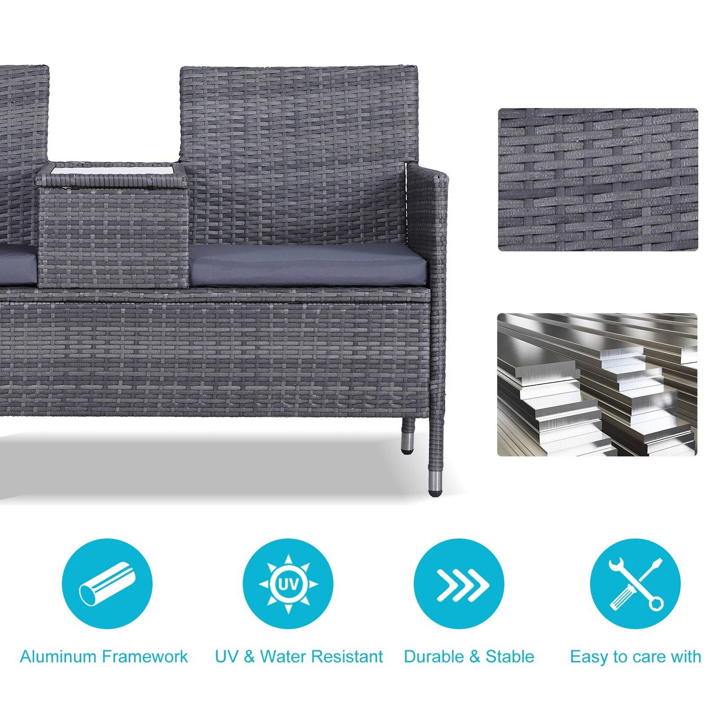 2 Seater PE Rattan Outdoor Garden Bench w/ Centre Table Grey